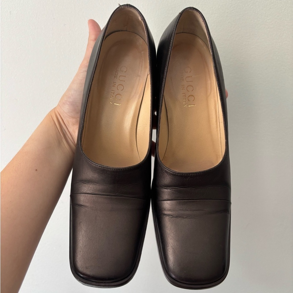 Vintage 90s Gucci Preppy Chocolate Brown Square Toe Leather Pumps - Size 5 B